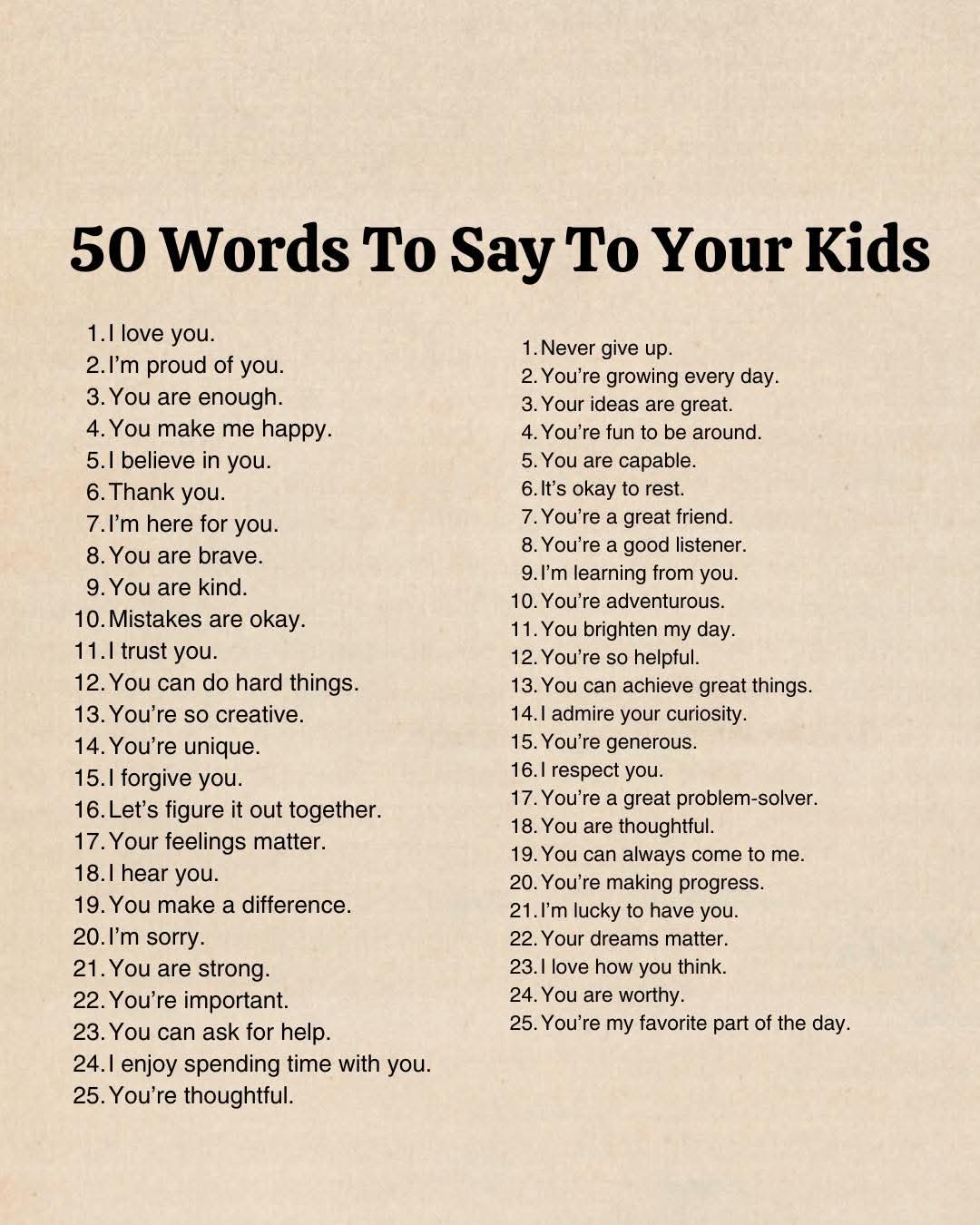 50 words to say to your Kids